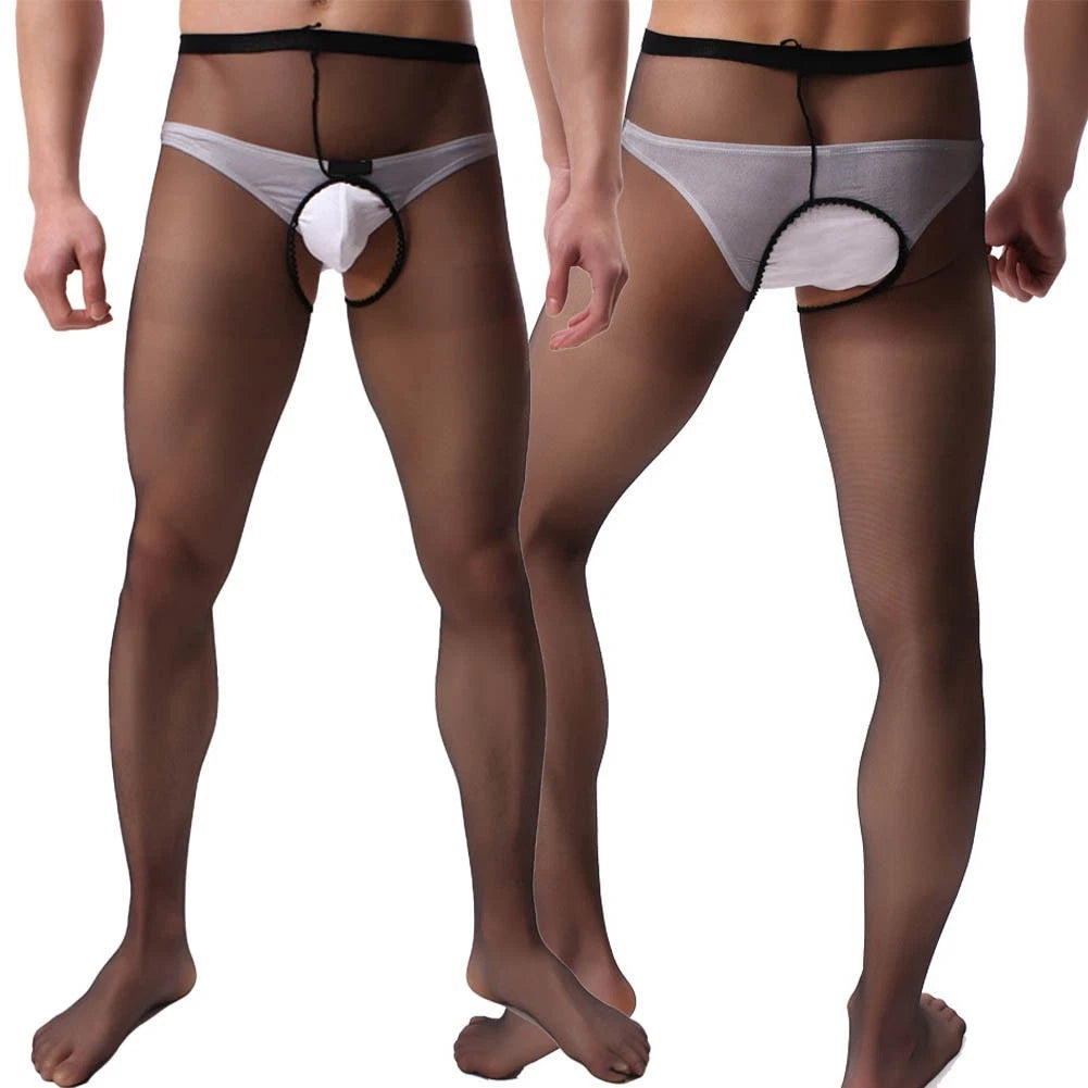 Hosiery Underwear Men Pantyhose Sheer Stocking Open Crotch Sissy Black