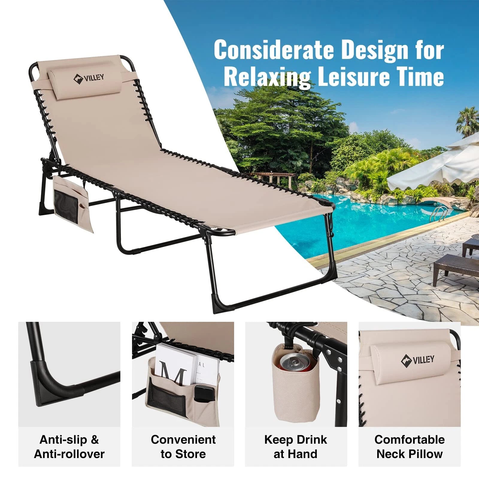 VILLEY Heavy Duty Outdoor Oversize Chaise Lounge Folding Lounge Chair Max 440lbs