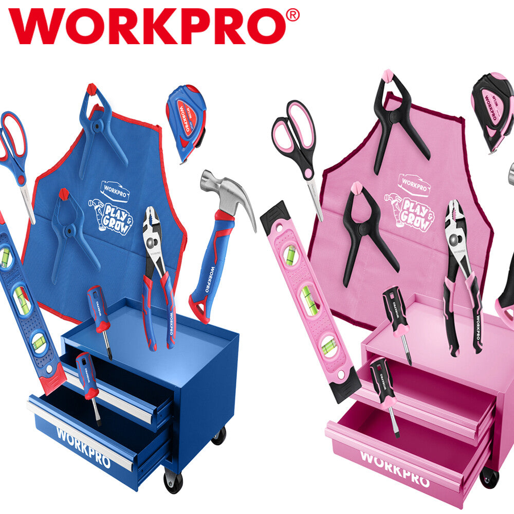 WORKPRO Pink/Blue Beginner Tool Set 12" Steel Tool Box 10PC Starter