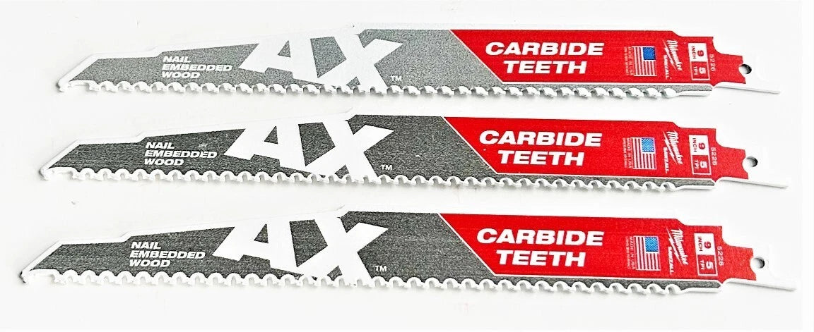 3 Milwaukee Ax 9" Carbide Sawzall Blades 5tpi Wood/nails