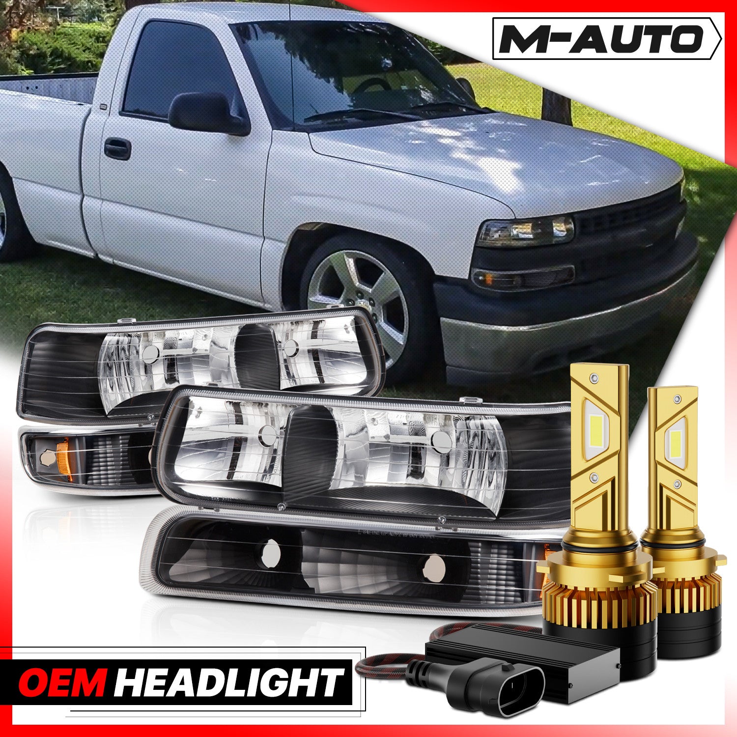 Pair Black Headlight + Bumper Bulbs for Silverado
