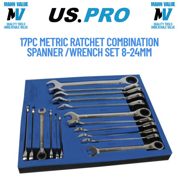 US PRO 17pc Metric Ratchet Spanner Set Combination 8-24mm