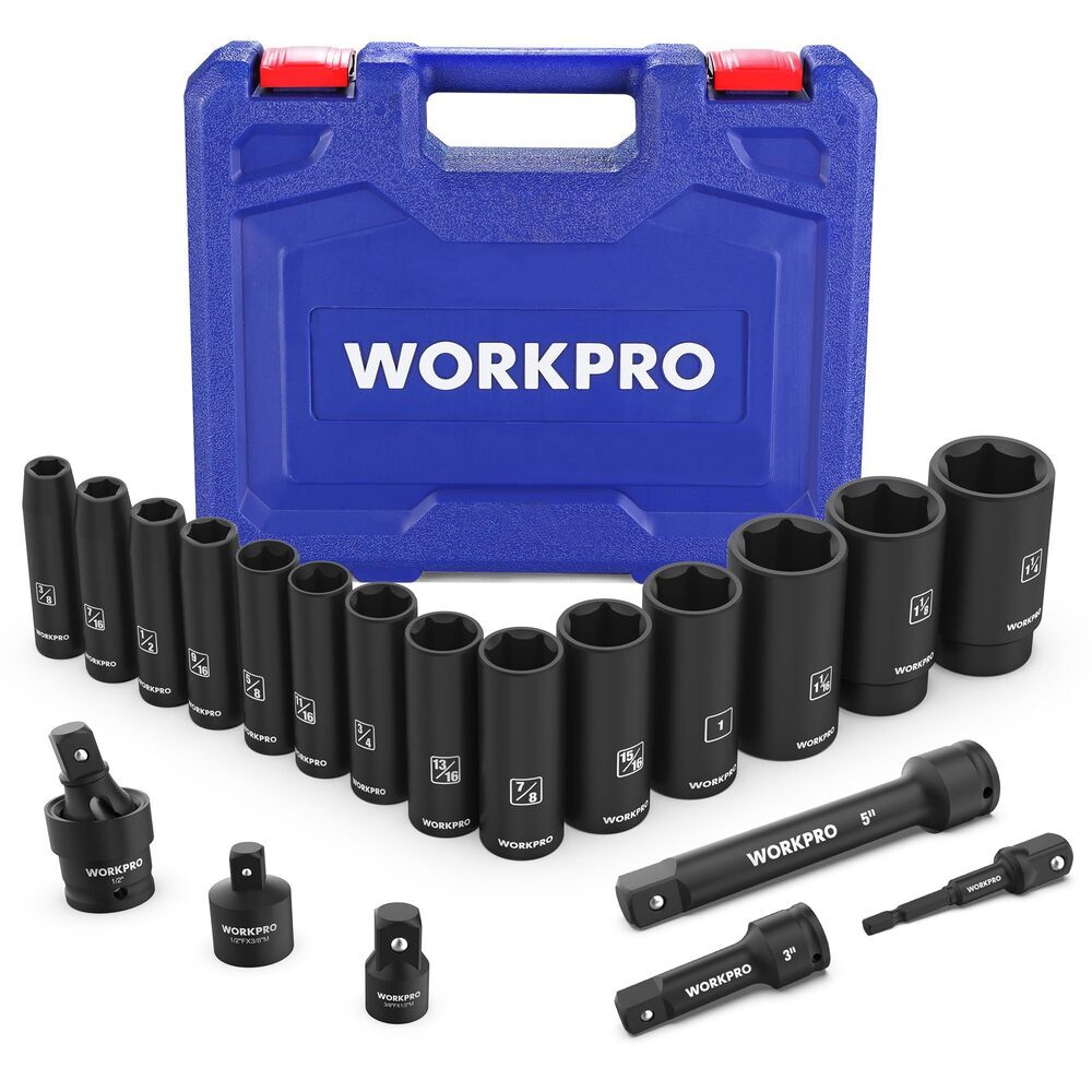 WORKPRO 20pc 1/2-Drive Deep Impact Socket Set 10–27mm