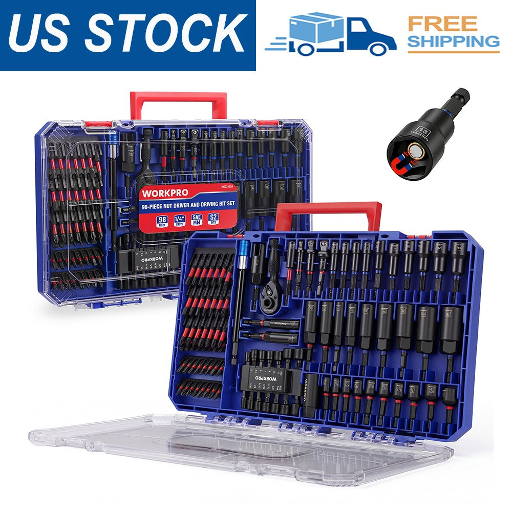 WORKPRO New 98-Piece Magnetic Nut Driver Set Impact Driver Bits Universal Socket