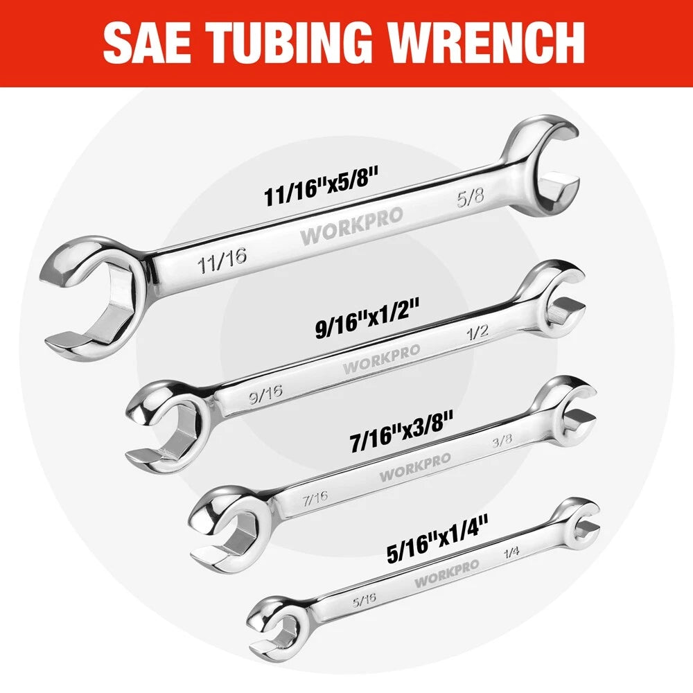 WORKPRO 4PC Flare Nut Wrench SAE Brake Line Wrench 15° Offset Head Tubing Wrench