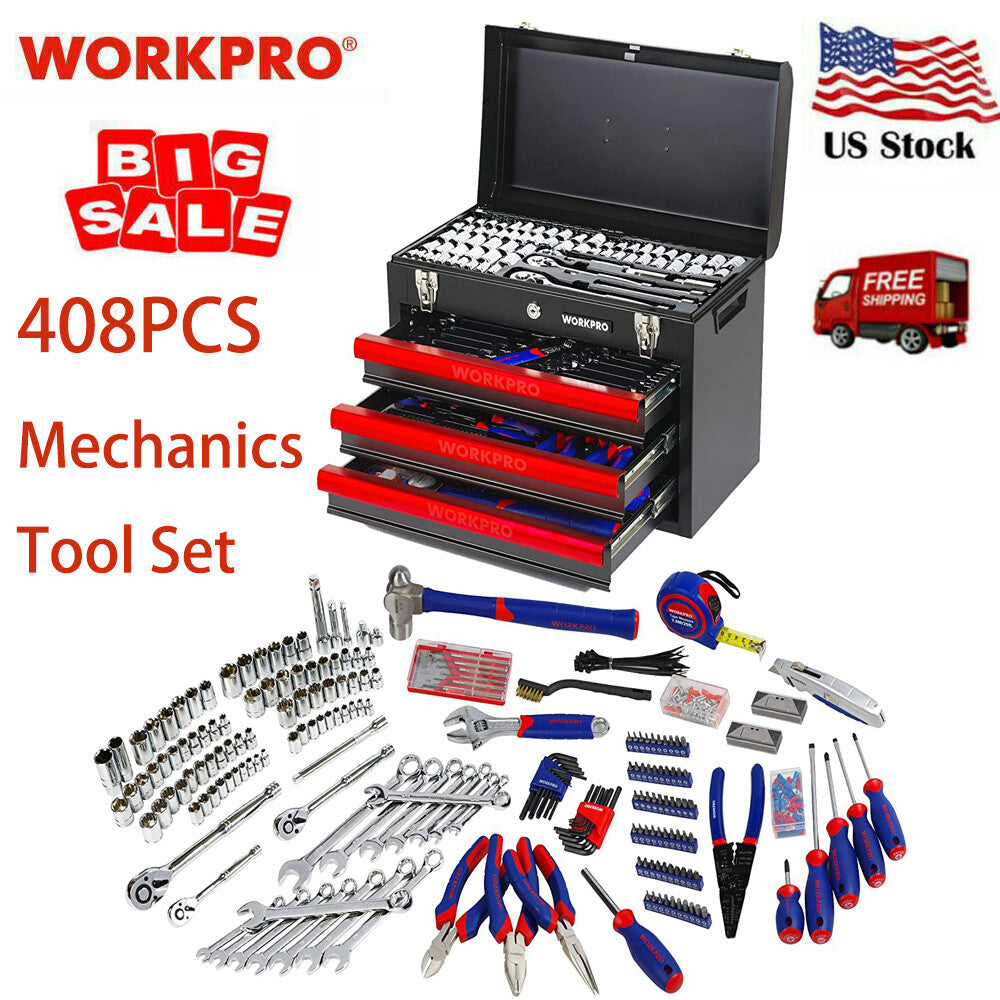 WORKPRO 408 Piece 3 Drawer Mechanics Tool Set With Heavy Duty Metal