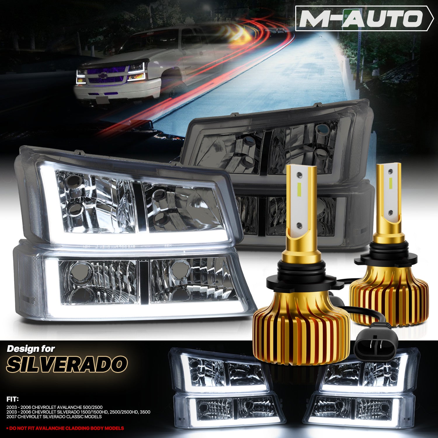 Smoke Headlight & Bumper with 6500K LED for 03-07 Silverado