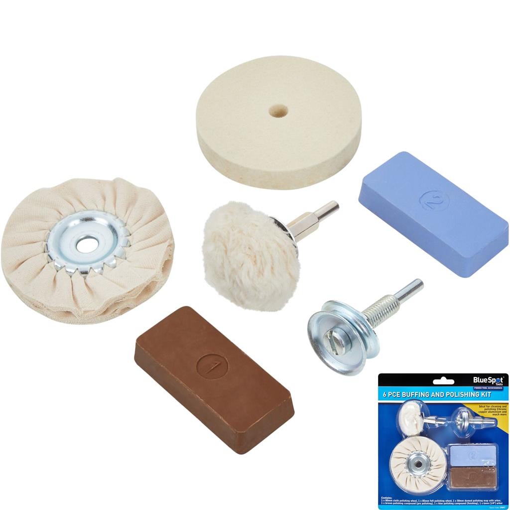 BlueSpot Buffing Polishing Kit Cloth Felt Mop Wheels 6mm Arbor Compounds 6pcOpen