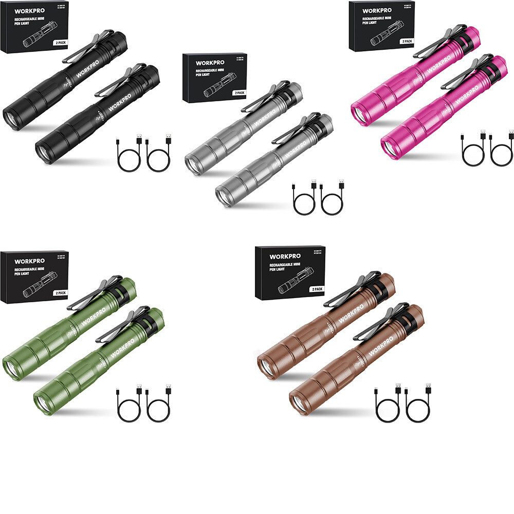 WORKPRO Rechargeable Pen Light Mini Flashlight 2 Pk Ultra-Compact EDC Flashlight