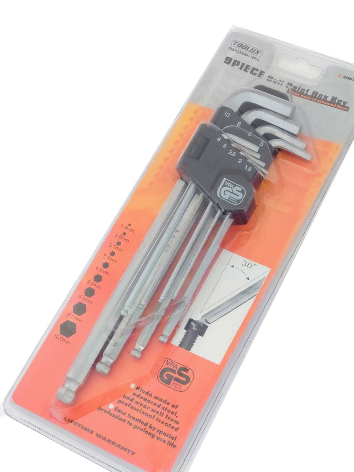 Toolux 9PC Cr-V Ball Point Hex Allen Key Wrench Set Ex-Long Arm (1.5