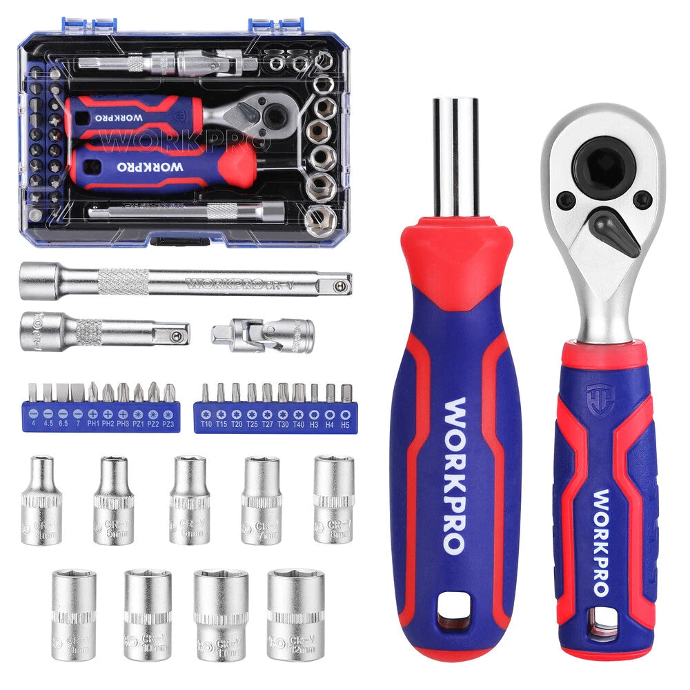 WORKPRO 34PC 1/4 Drive Master Socket Set Metric Dual Head Ratchet Bit Set w/Case