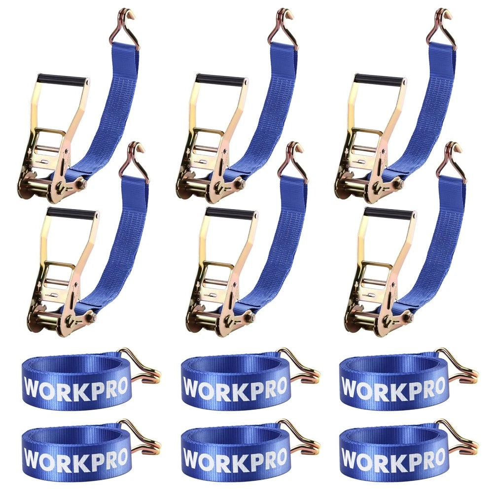 WORKPRO 6PC Heavy Duty Ratchet Tie Down Strap Set 2"x15" 5000 lbs Break Strength