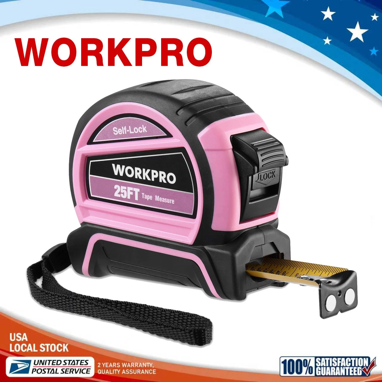 WORKPRO 25FT Pink Tape Measure Dual Self Lock Tape Measure Fractions 1/8" 1/32"