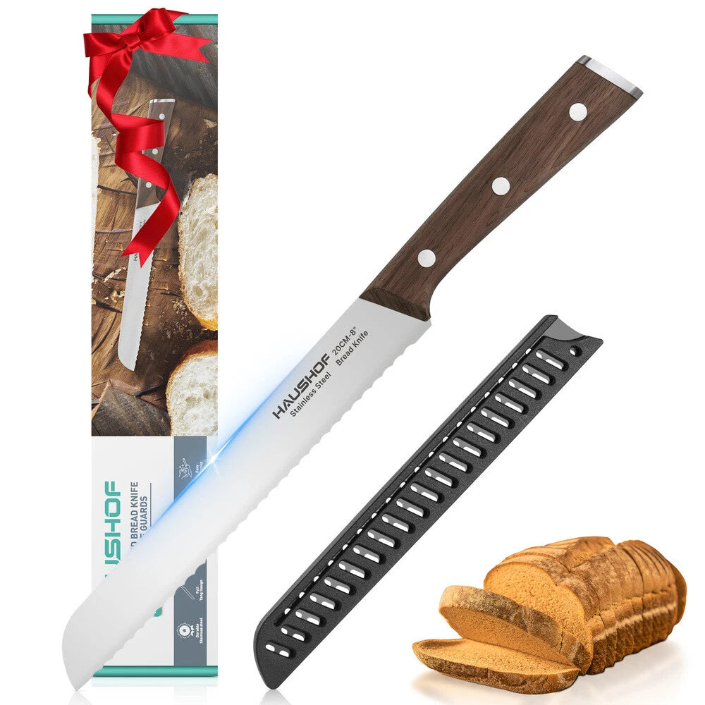 HAUSHOF 8" Bread Knife Serrated Bread Full Tang Stainless Steel Bread Cutter USA