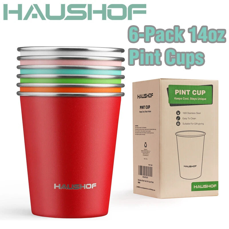 Haushof 6 Pack 14oz Pint Cup Stainless Steel Cup Stackable Metal Beer