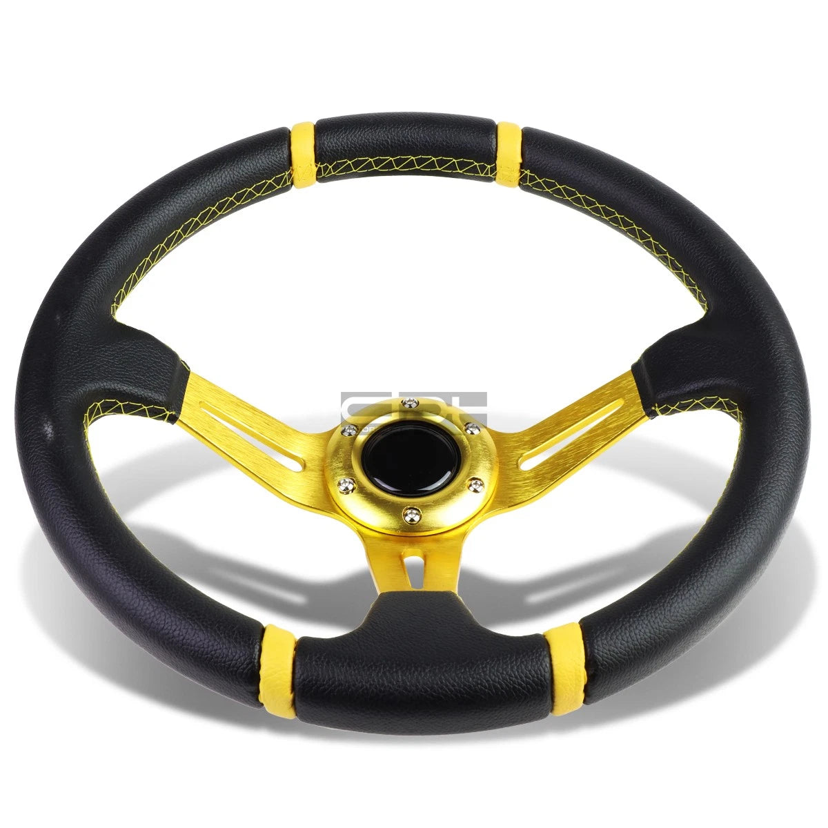Universal Fit 3.5" Deep Dish Gold Stripe Leather Lightweight Steering