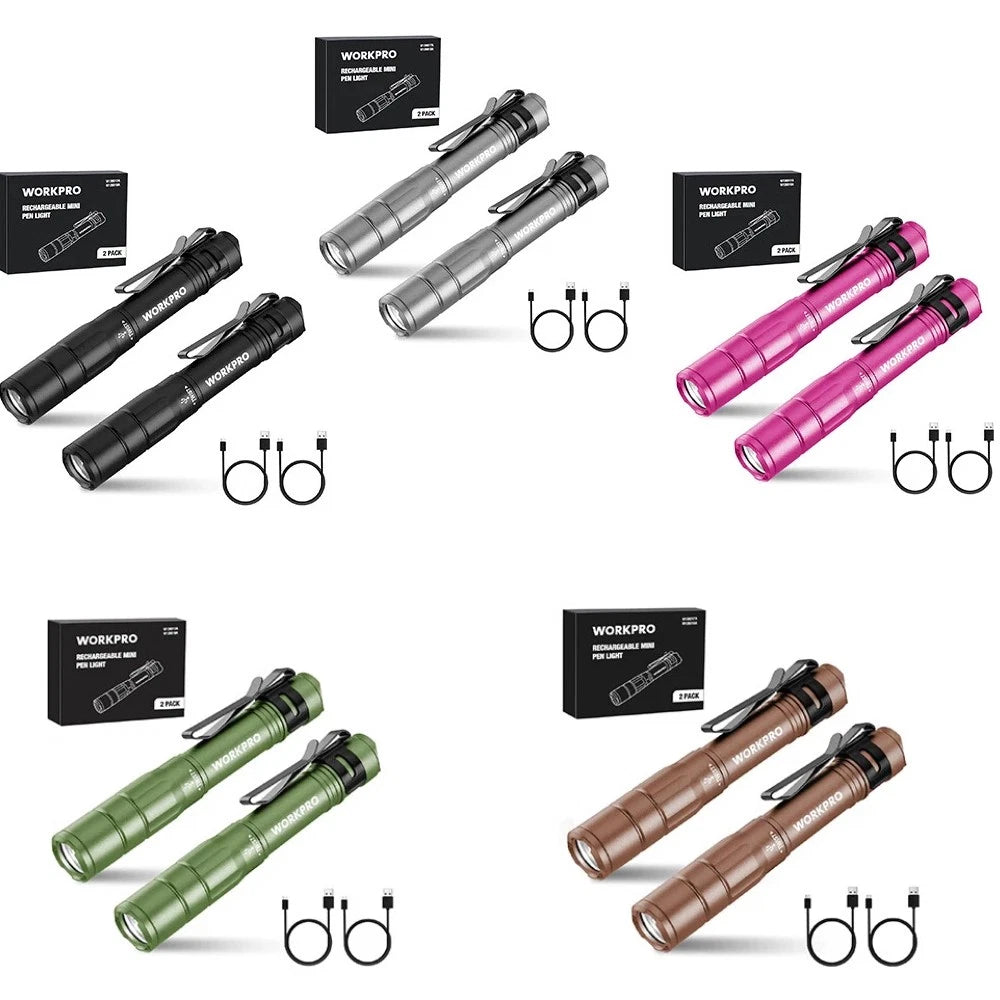 WORKPRO 2PCS Mini Rechargeable Pen Light Flashlight Ultra-Compact EDC Flashlight