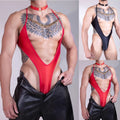 Men Solid Color Bodysuit High Cut Oil Glossy Stretchy Backless Thin