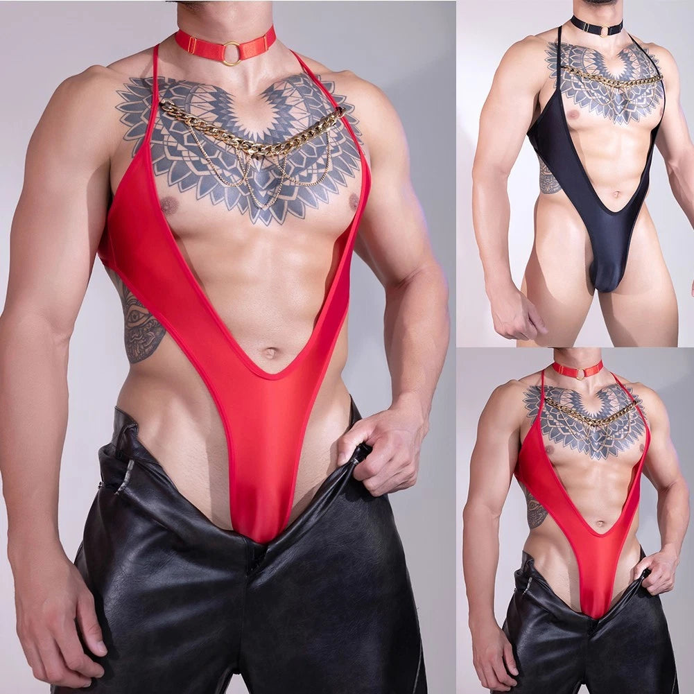 Men Solid Color Bodysuit High Cut Oil Glossy Stretchy Backless Thin