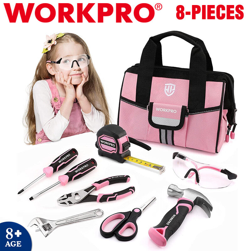 WORKPRO 9Piece Kid Real Hand Tool Set Pink Junior Tool Kit Children