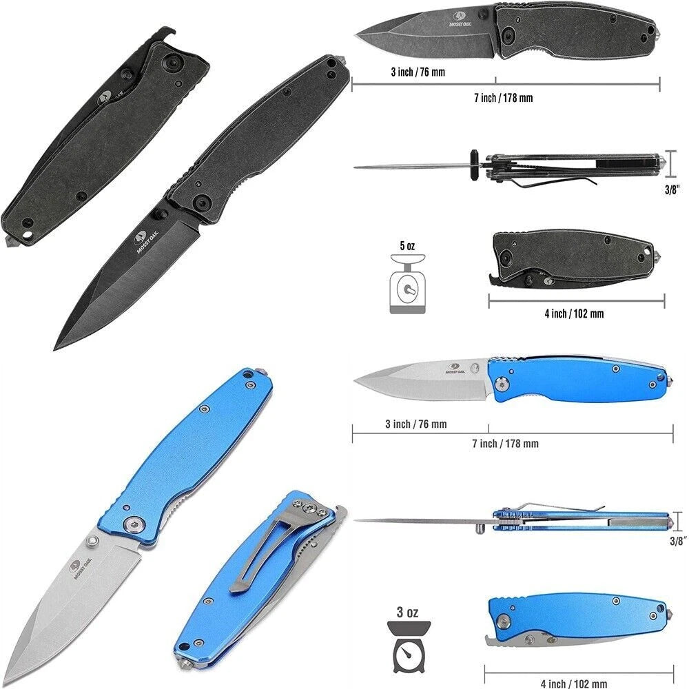 Mossy Oak Folding Pocket Knife Stainless Steel Drop Point 7'' Blades Black/Blue