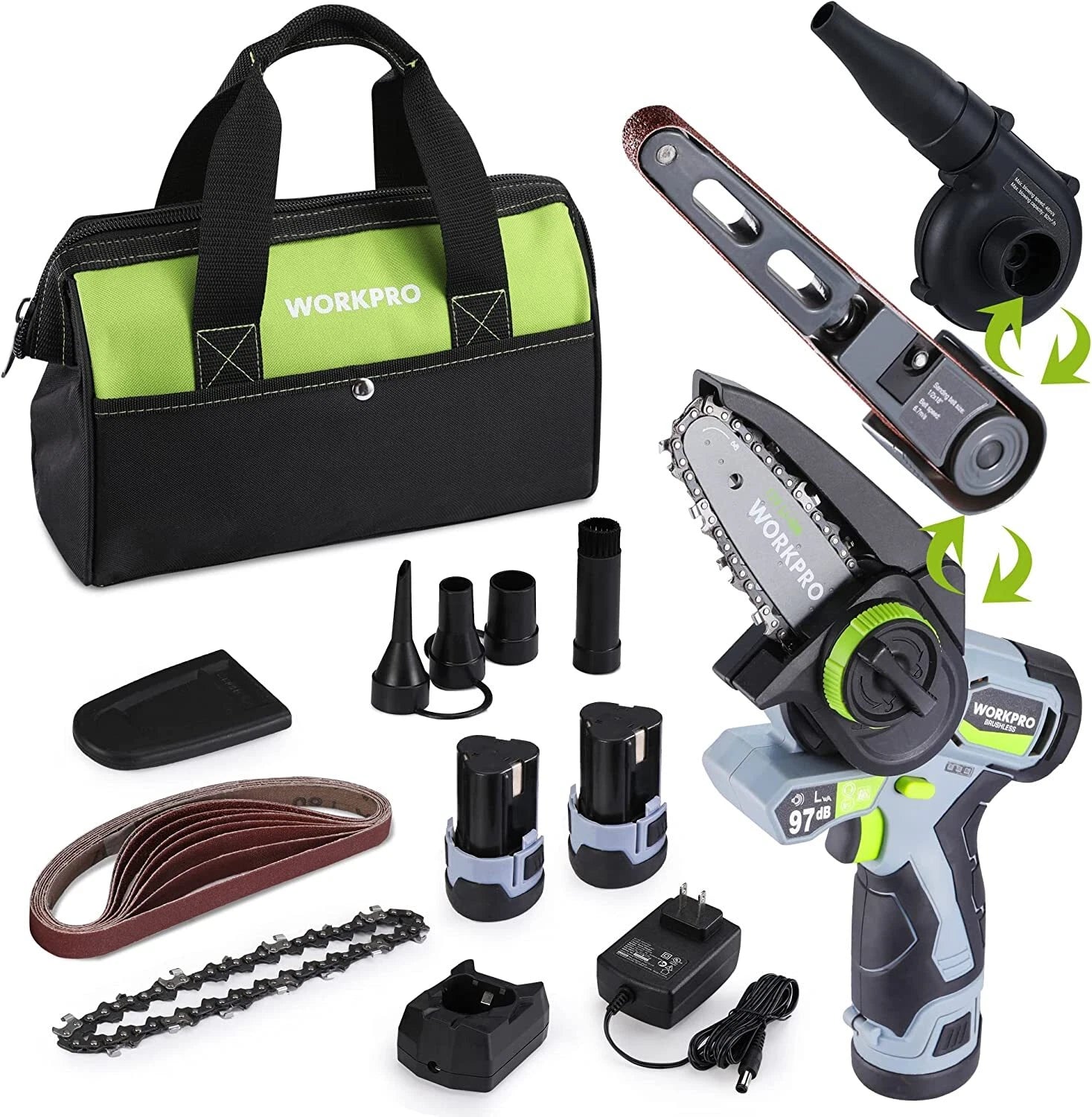 Workpro Cordless Detail Belt Sander Mini Chain Saw 3-in-1 Power Tool