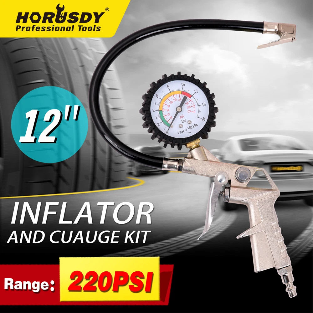 Dial Tire Inflator Gauge Flexible Hose 220 PSI Pistol Style Air Chuck Pneumatic