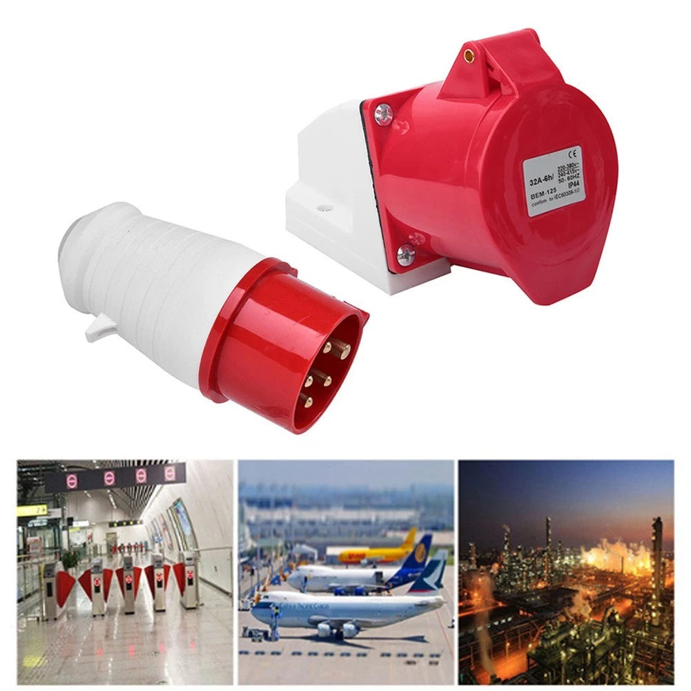 32a 5-pin 415V Wall Mounted Industrial Inlet (Male + Female) - Red, 3