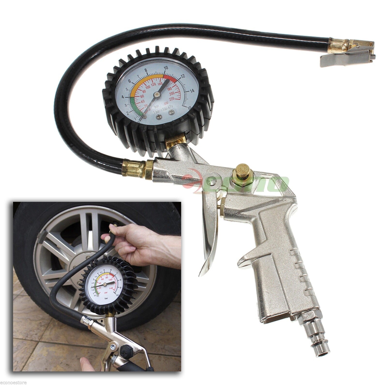 220psi Dial Air Pressure Guage Meter Tire Inflator Inflating Gun w/Flexible Hose