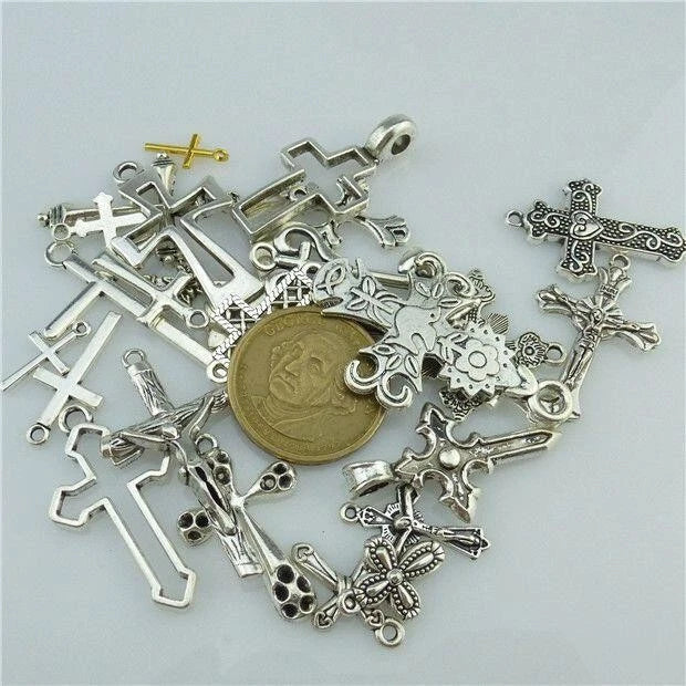 Mixed Cross Pendant Vintage Antique Silver Tone Alloy Faith Religious