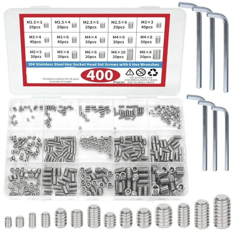 400pcs Stainless Steel Allen Head Socket Hex Set Grub Screw Assortment