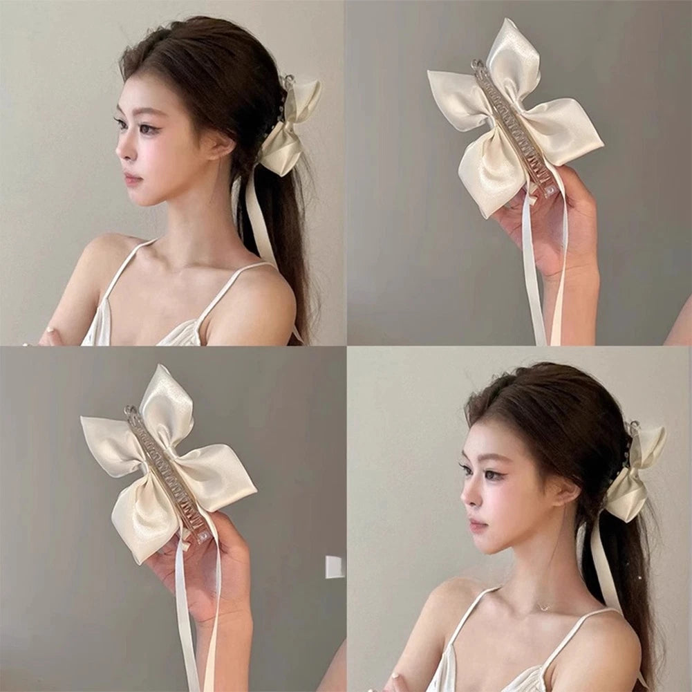 Twist Hair Clip For Women With Elegant Satin Bow Beige 13cm Hair
