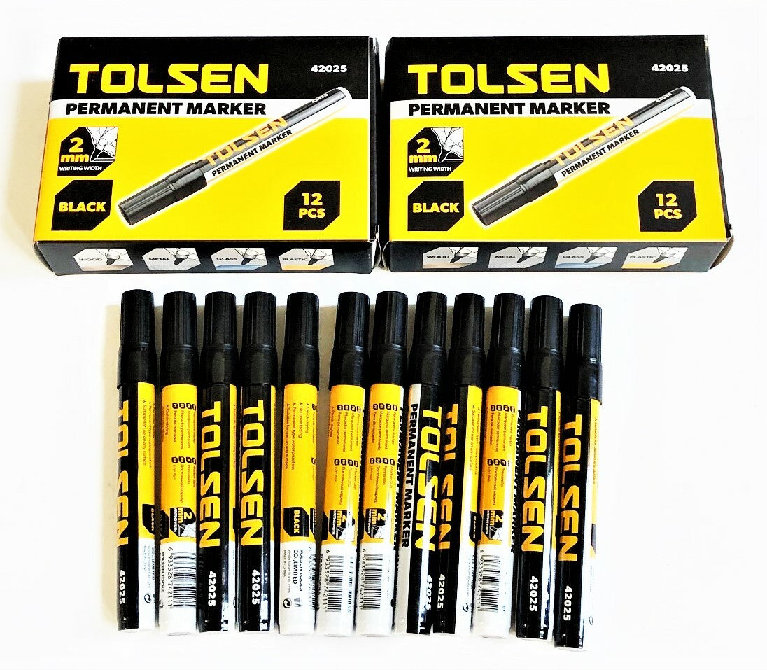 24 Tolsen Black Permanent Markers Quick Dry Non-Fading Waterproof Ink 2MM PointO