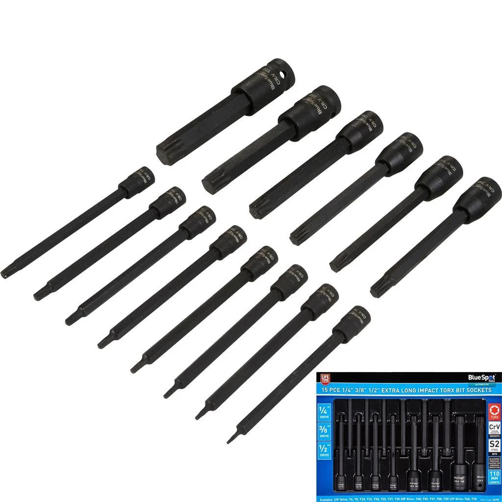 Bluespot Extra Long Impact Torx Bit Sockets 1/4" 3/8" 1/2" Drive T6