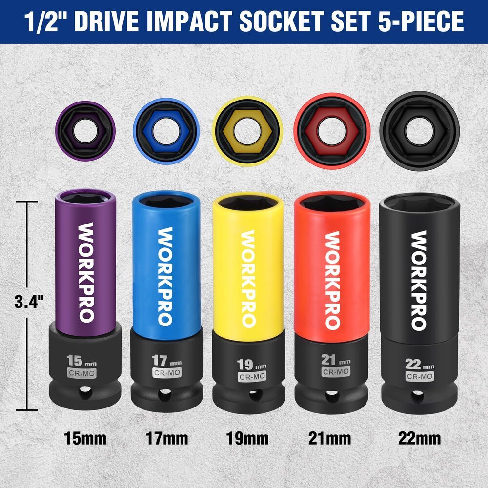 WORKPRO 5 Pieces 1/2 Inch Drive Impact Lug Nut Socket Set by WORKPRO