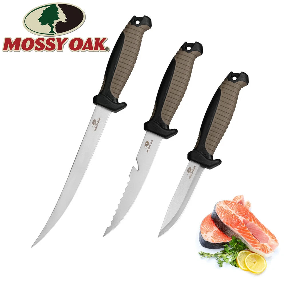 Mossy Oak 3PCS Stainless Steel Fishing Knife Sets Filet Knife Dual-Color Handles