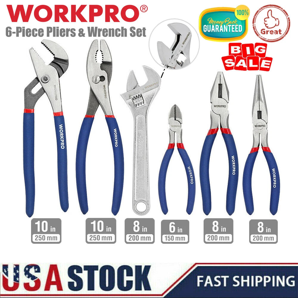 WORKPRO 6PIECES Carbon Steel Pliers Wrench Set Non-Slip Grip Handles Pliers Tool