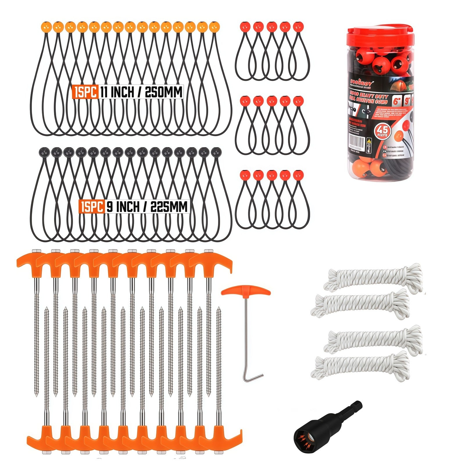 71PC Bungee Cords Tent Stakes Pegs Ball Camping Outdoor Steel Nail