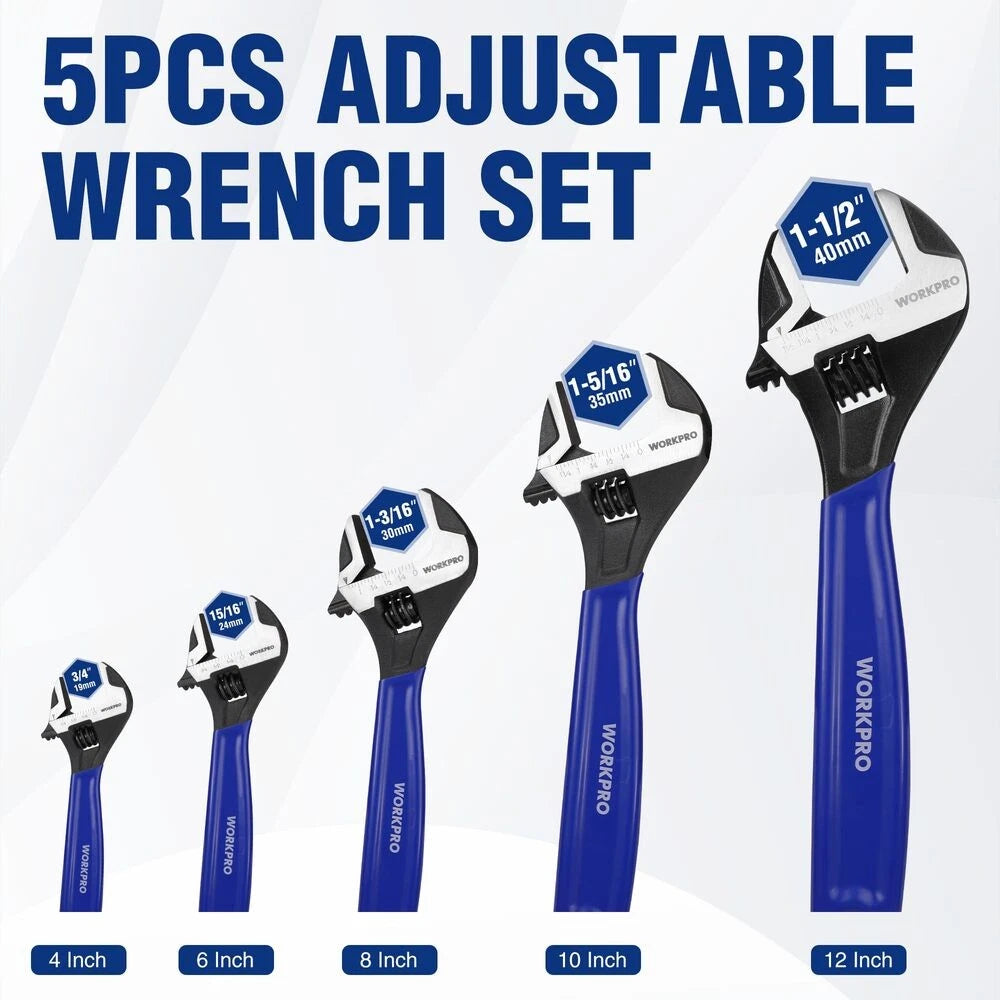 Workpro 5-piece Adjustable Wrench Set Metric & Sae Scales Cr-v Steel