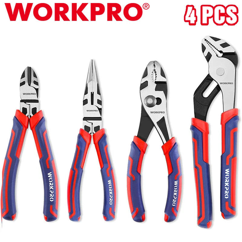 WORKPRO 4PC Pliers Set Slip Joint Long Nose Diagonal Cutting Groove Joint Pliers