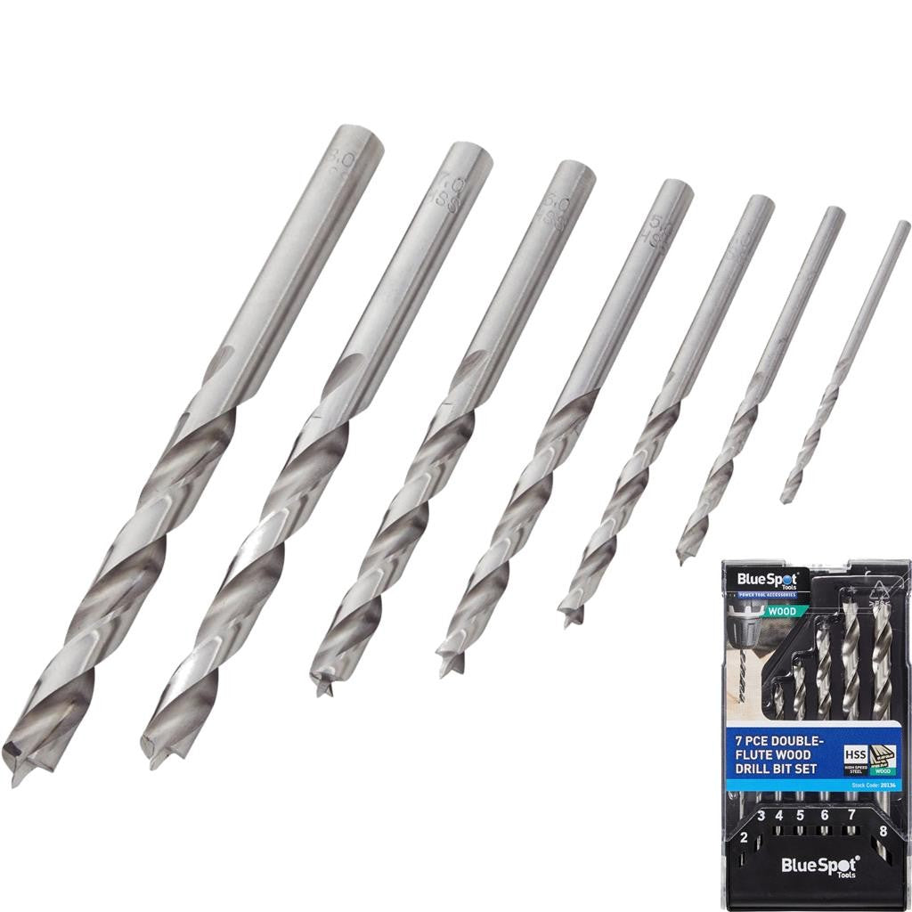 BlueSpot 7pc Wood Drill Bit Set Double Flute 2 to 8 mm In Case Brad Point HSSOpe