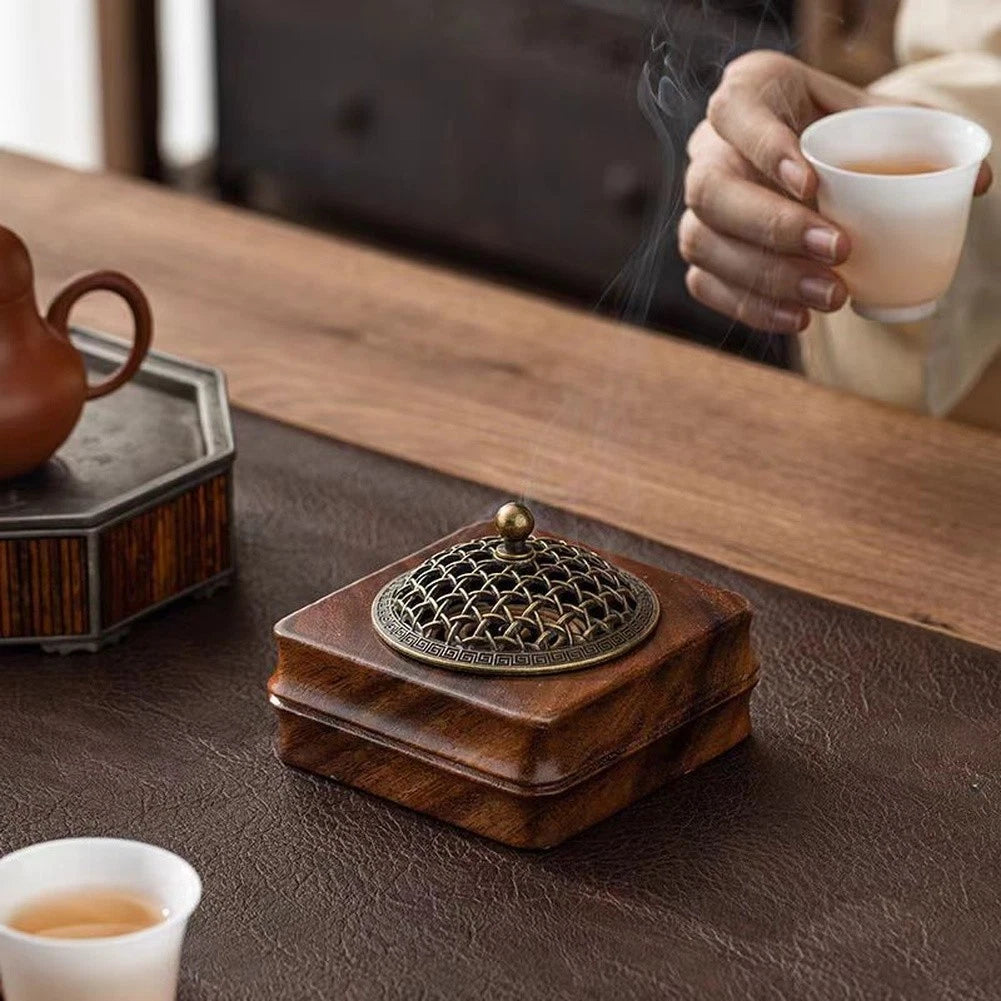 Walnut Wood Incense Burner With Classic Oriental Design For Coil