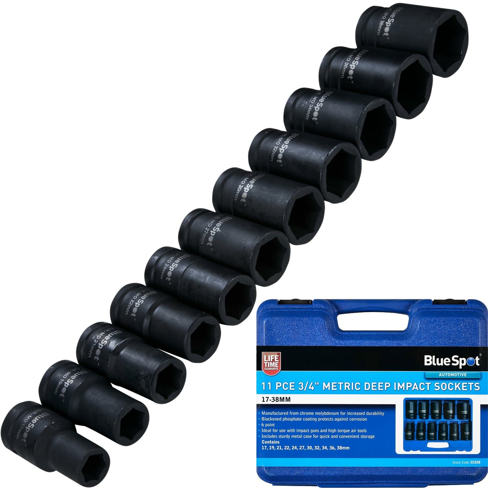 BlueSpot 11pc Metric Deep Impact Sockets 17-38mm 3/4" Drive Socket Set by BlueSpot