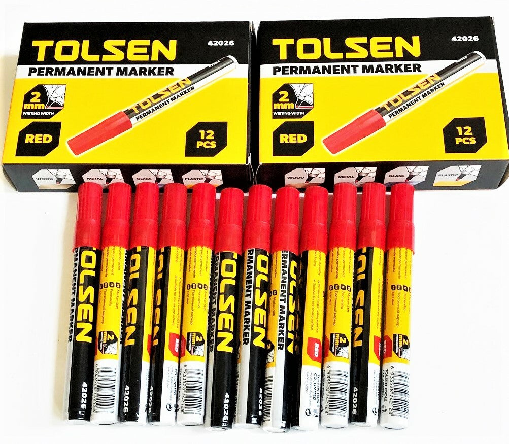 24 Tolsen Red Permanent Markers Quick Dry Non-Fading Waterproof Ink 2MM PointOpe
