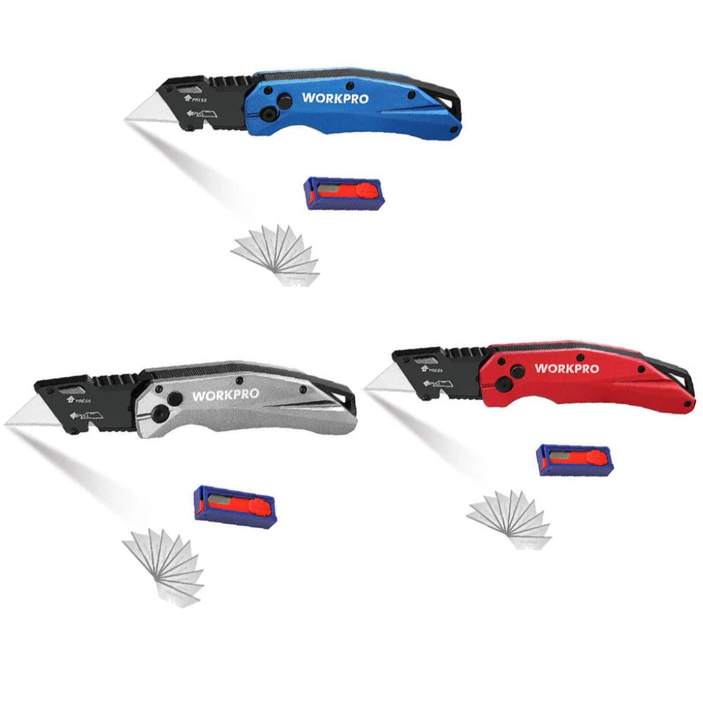 Workpro Blue/red/gray Folding Utility Knife Metal Quick Open Axis