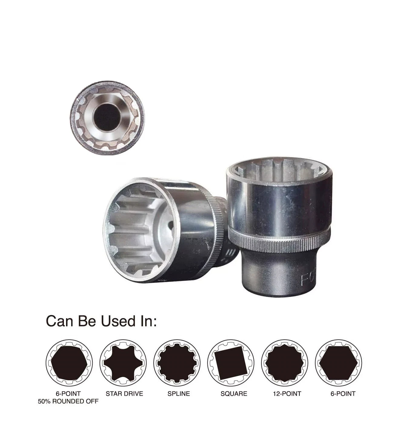 Force 3/8" Dr. 12pt Spline Female Socket Multi-tooth Gear Lock Profile