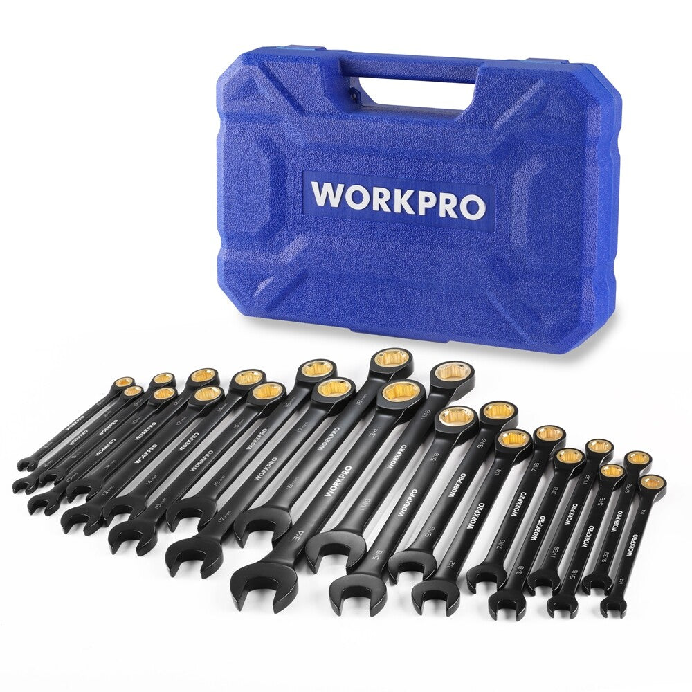 WORKPRO 22PC Ratcheting Combination Wrench Set Metric 6-18mm SAE