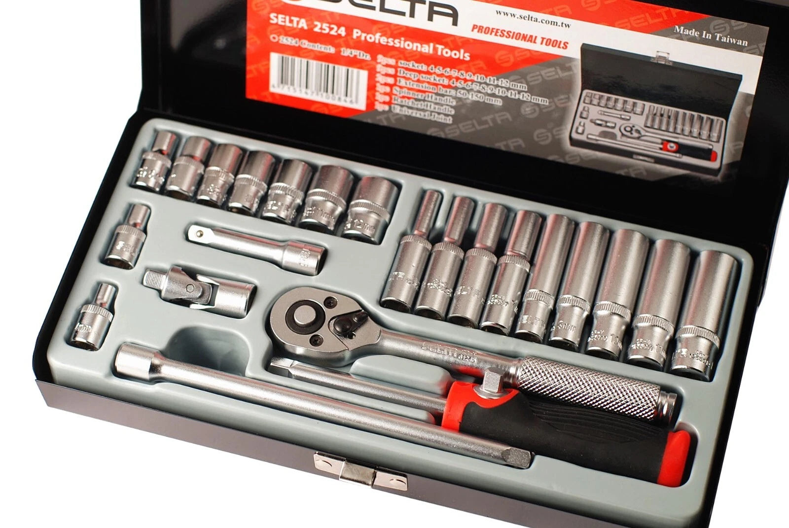 Selta Taiwan 24pc 1/4" Dr. 6pt Socket &amp; Ratchet Universal Joint 2-in-1 Spinner