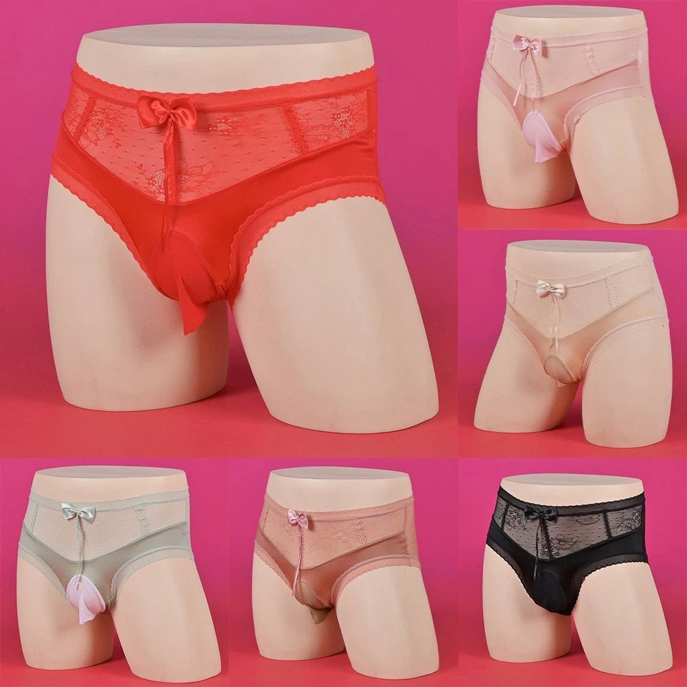 Mens Breathable Ice Silk Sheer Lace Glossy Briefs Sexy Underwear Pouch