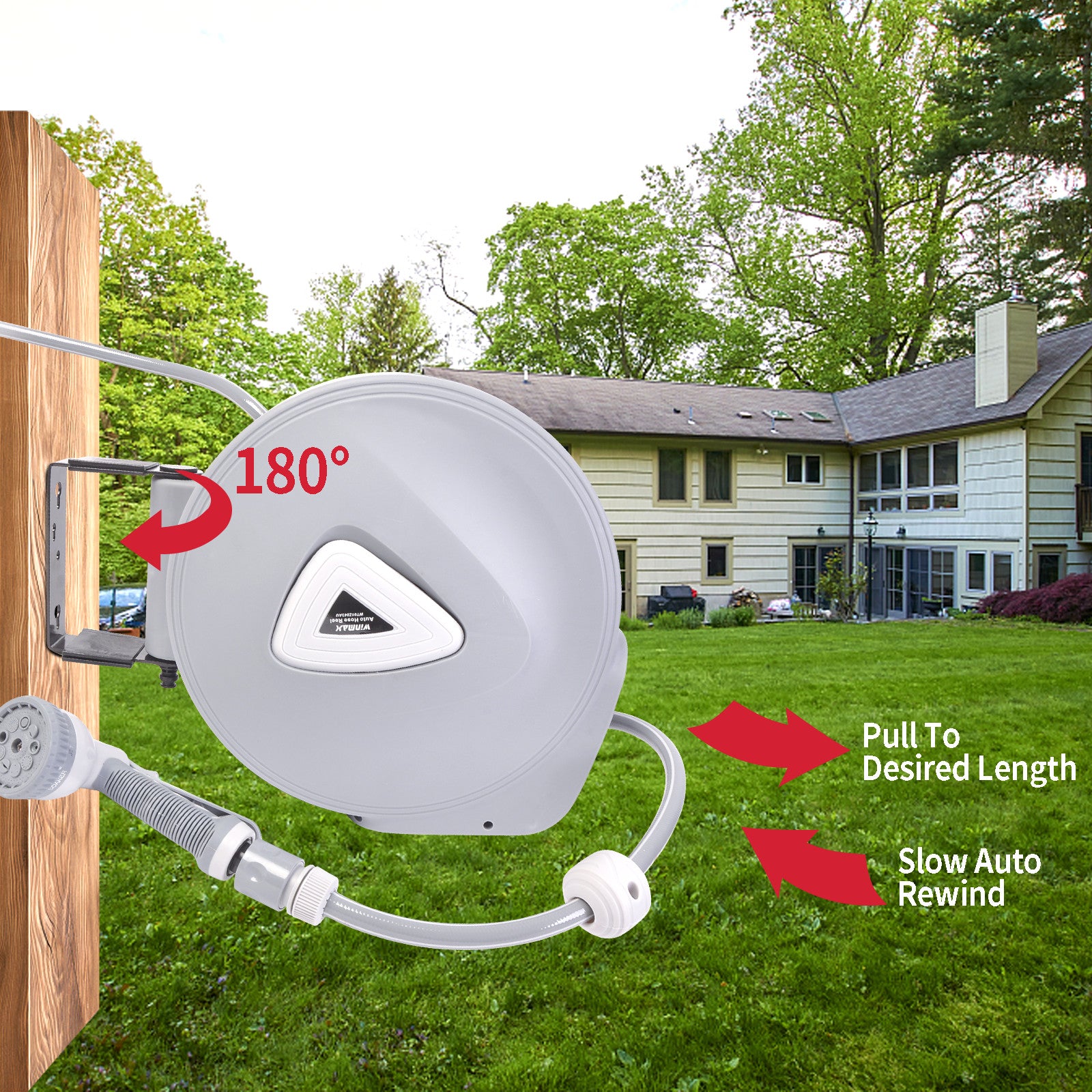 65FT Retractable Garden Water Hose Reel Brass Gun Spray Gun Rewind Wall Mount US